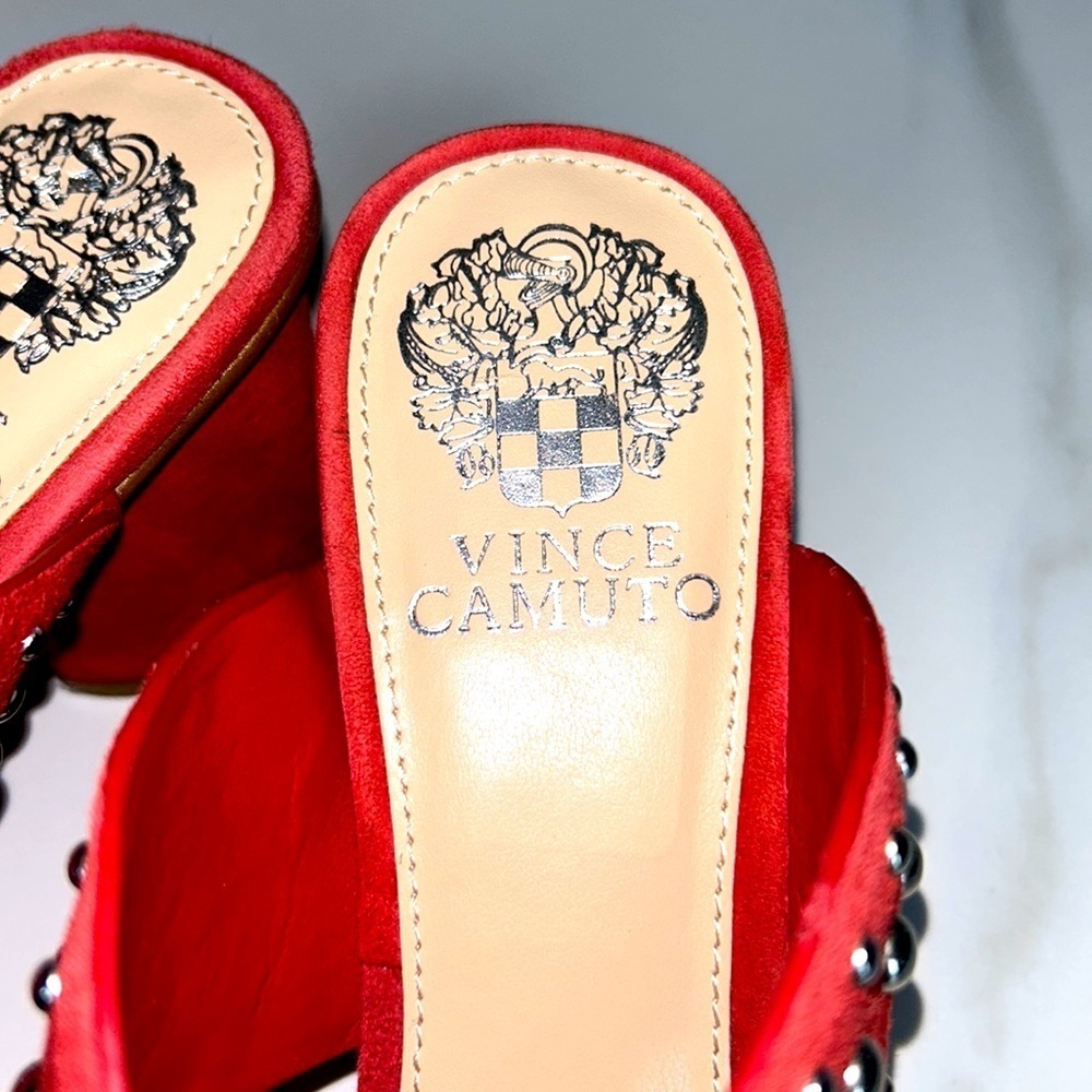 Vince Camuto Red Chunky Heel Mules with Silver Studs - Picture 7 of 11